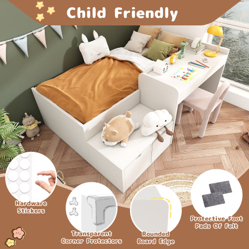 White kids single bed with desk and drawers, 90x190 cm, HOMCOM wooden bed with slatted frame and under-bed storage.