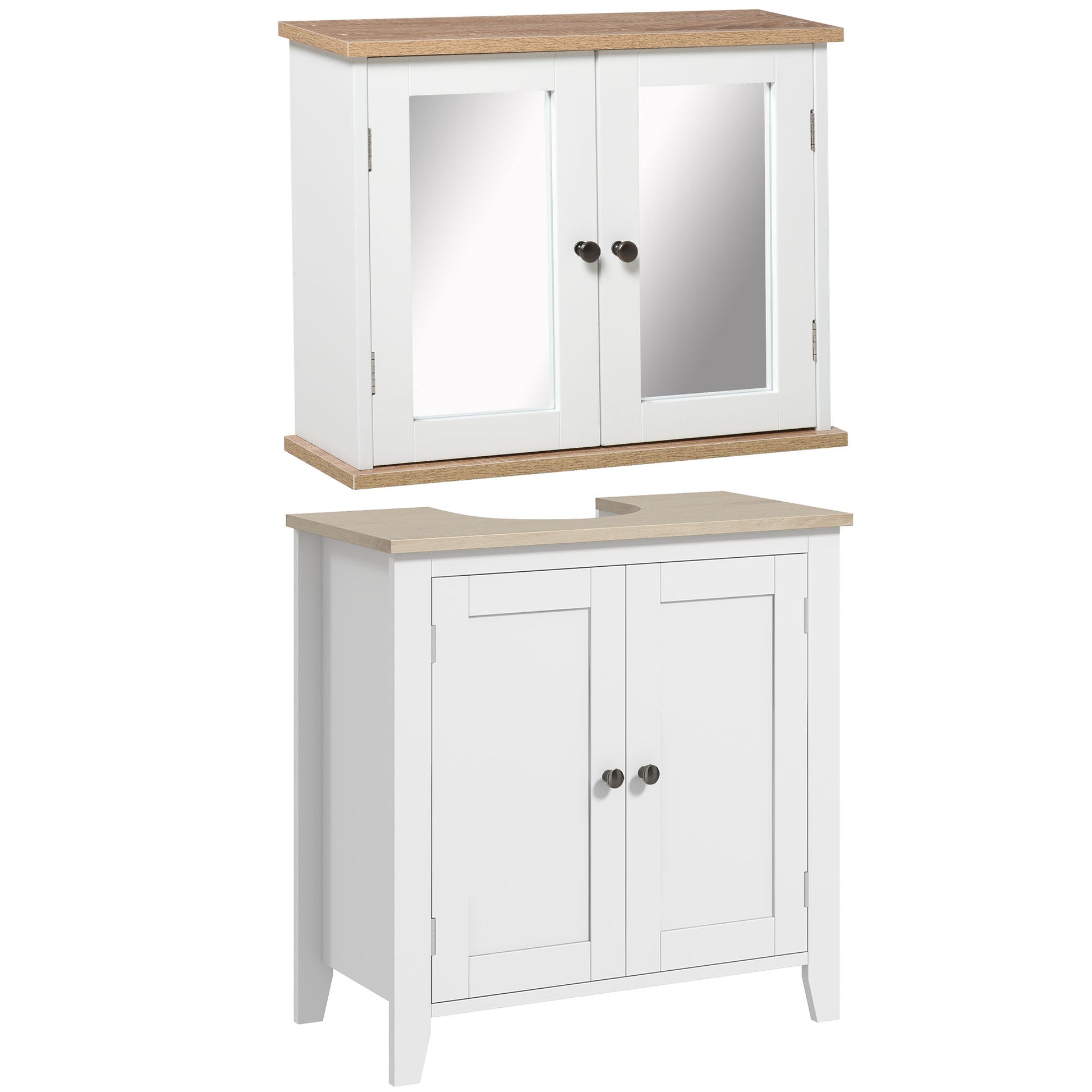 HOMCOM Kleankin bathroom furniture set with wall-mounted mirror cabinet, adjustable shelf, sink cabinet, in white and wood grain finish.
