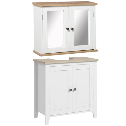 HOMCOM Kleankin bathroom furniture set with wall-mounted mirror cabinet, adjustable shelf, sink cabinet, in white and wood grain finish.