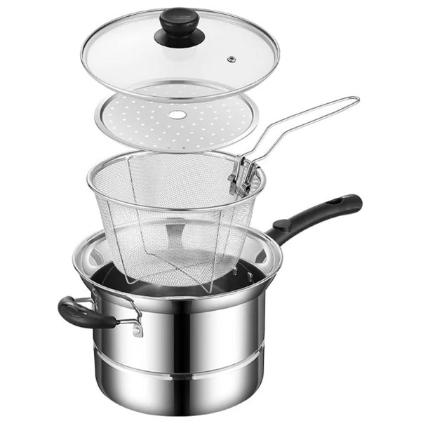 HOMCOM 4-piece non-stick chip pan set with frying basket, lid, and deep fat fryer for cooking noodles, chips, and soups.