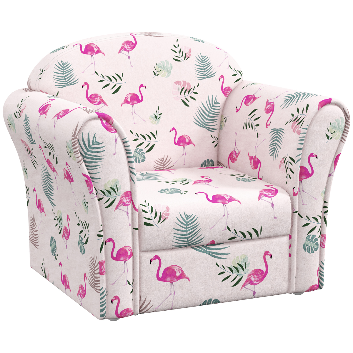 Pink kids sofa chair with flamingo design by AIYAPLAY, perfect for bedrooms and playrooms, featuring a playful and colorful style.