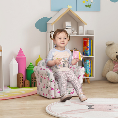 Pink kids sofa chair with flamingo design by AIYAPLAY, perfect for bedroom or playroom seating and decor.
