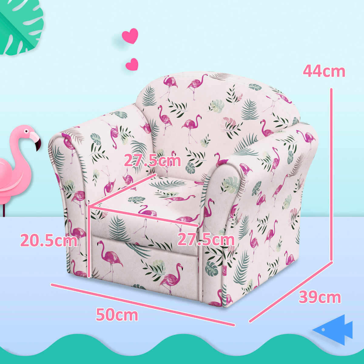 Pink kids sofa chair with flamingo design by AIYAPLAY, perfect for bedrooms and playrooms, featuring a soft, comfortable seat.