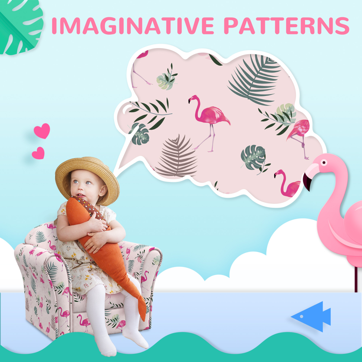 Pink kids sofa chair with flamingo design by AIYAPLAY, perfect for bedrooms and playrooms, featuring a cozy and playful style.