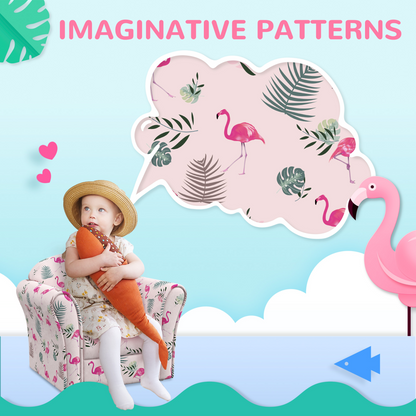 Pink kids sofa chair with flamingo design by AIYAPLAY, perfect for bedrooms and playrooms, featuring a cozy and playful style.
