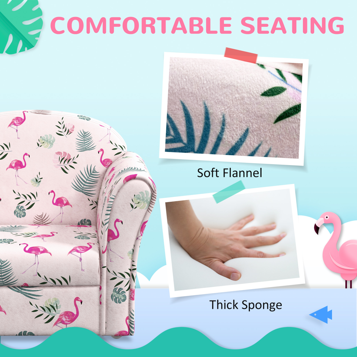 Pink kids sofa chair with flamingo design by AIYAPLAY, perfect for bedrooms and playrooms, soft and child-friendly.