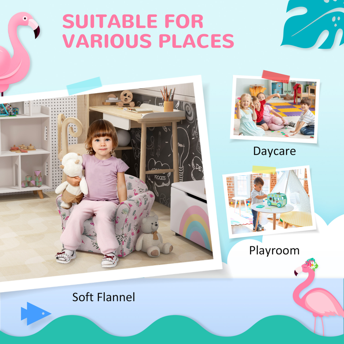 Pink kids sofa chair with a flamingo design, perfect for bedrooms and playrooms by AIYAPLAY.