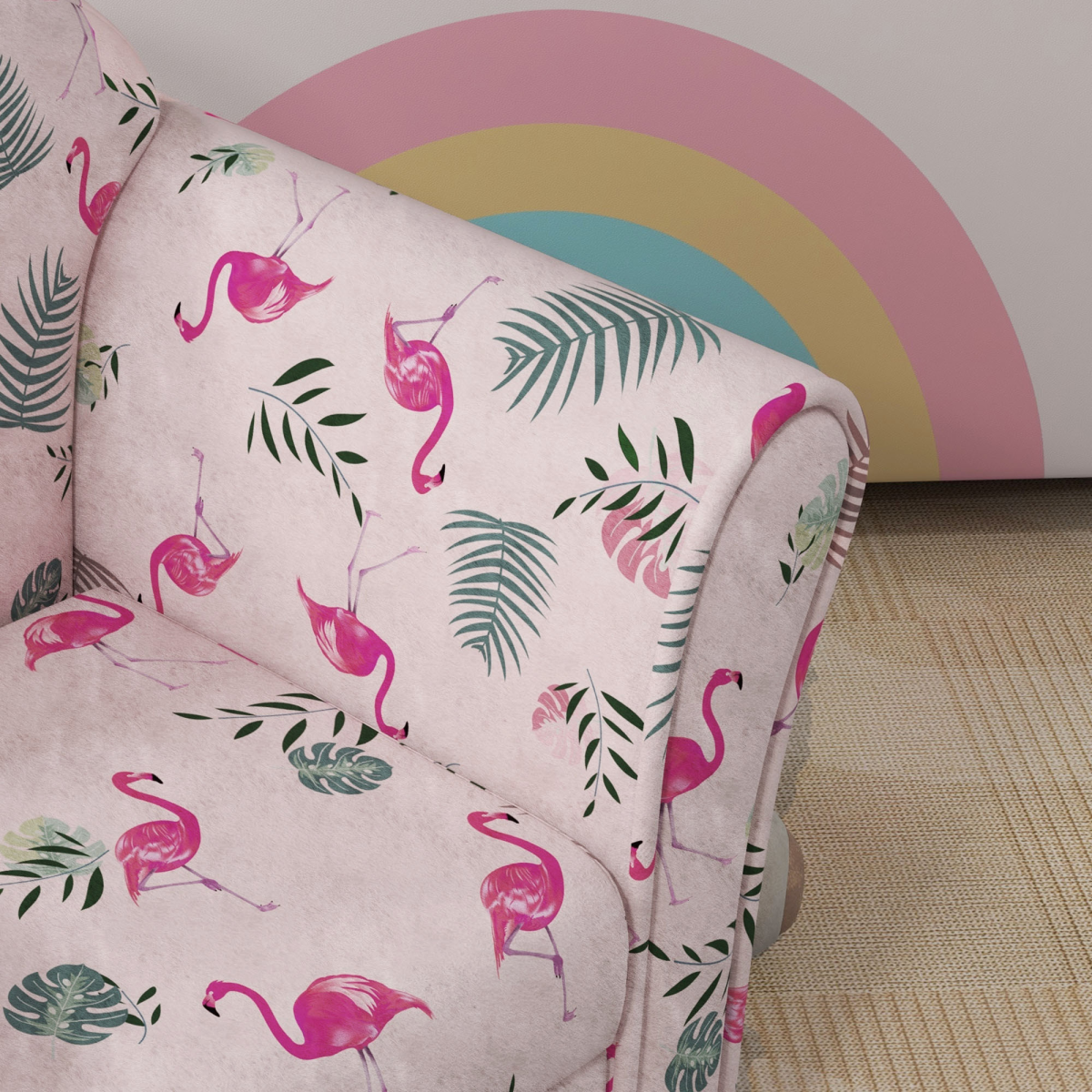 Pink kids sofa chair with a playful flamingo design, perfect for bedrooms and playrooms, by AIYAPLAY.