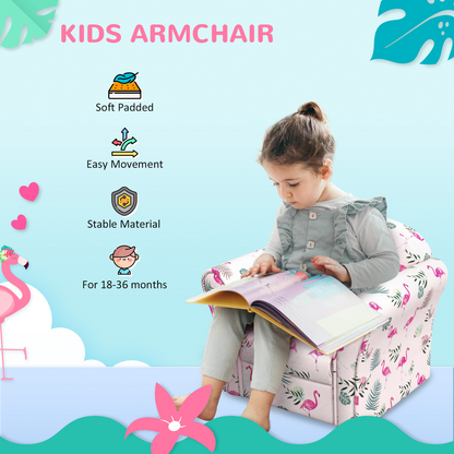 Pink kids sofa chair with flamingo design by AIYAPLAY, perfect for bedrooms and playrooms, featuring soft, child-friendly materials.
