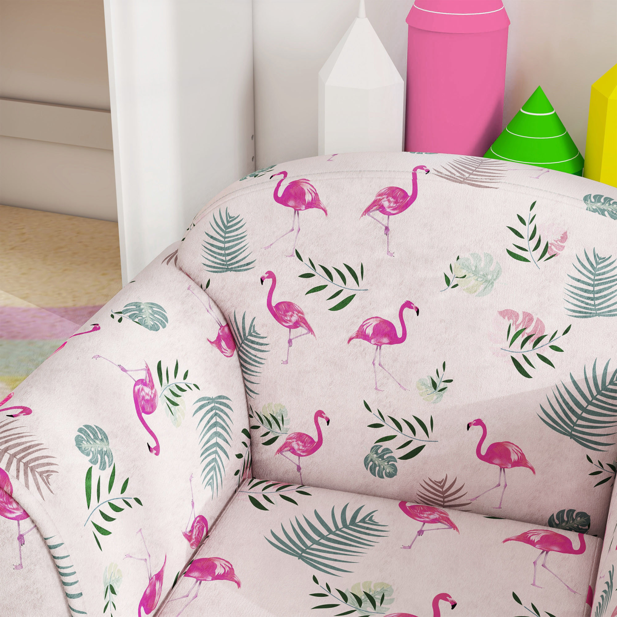 Pink kids sofa chair with flamingo design by AIYAPLAY, perfect for bedrooms and playrooms, soft and comfortable for children.