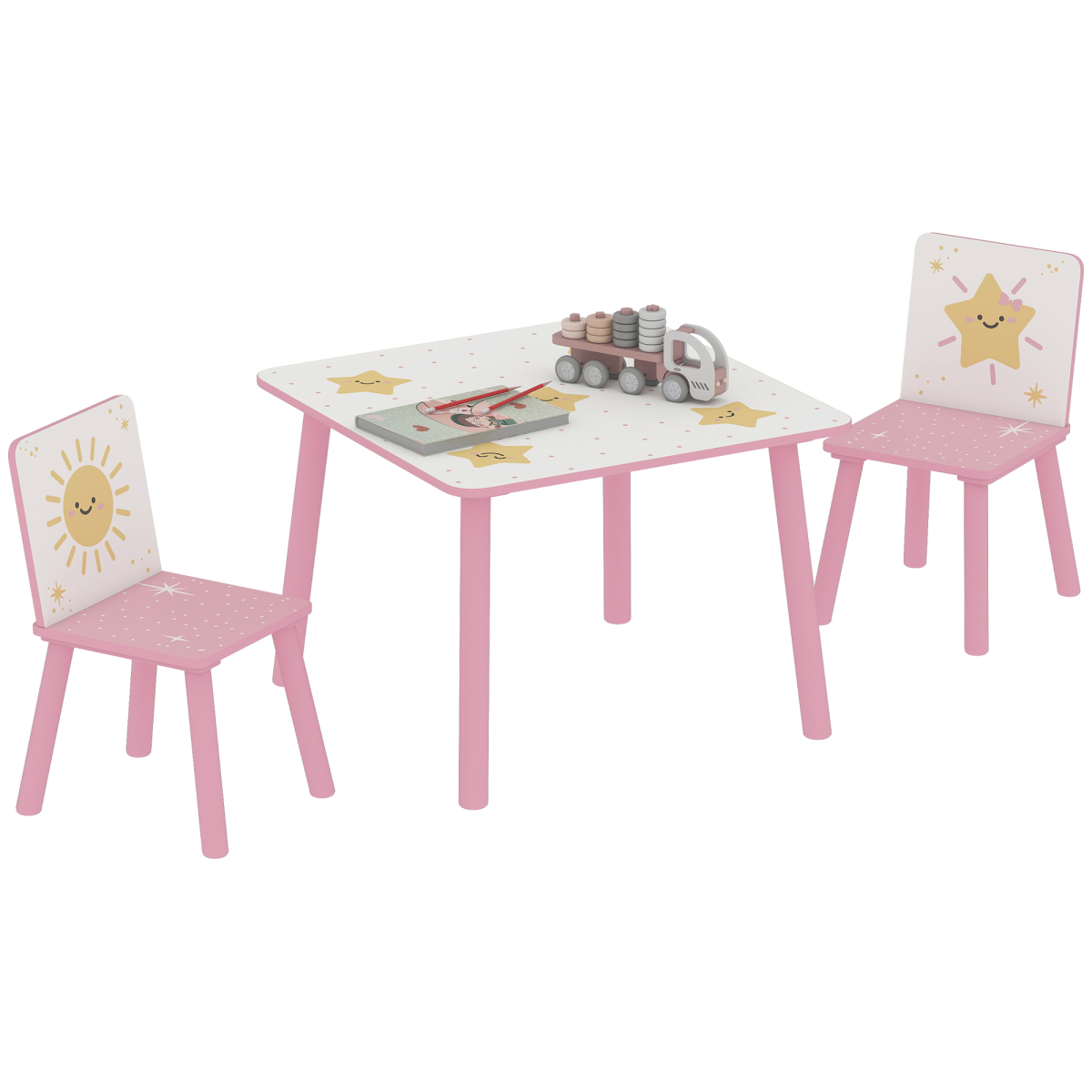 Pink kids table with matching chairs set by AIYAPLAY, designed for bedroom or nursery play and activities.