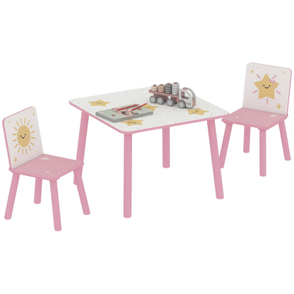Pink kids table with matching chairs set by AIYAPLAY, designed for bedroom or nursery play and activities.