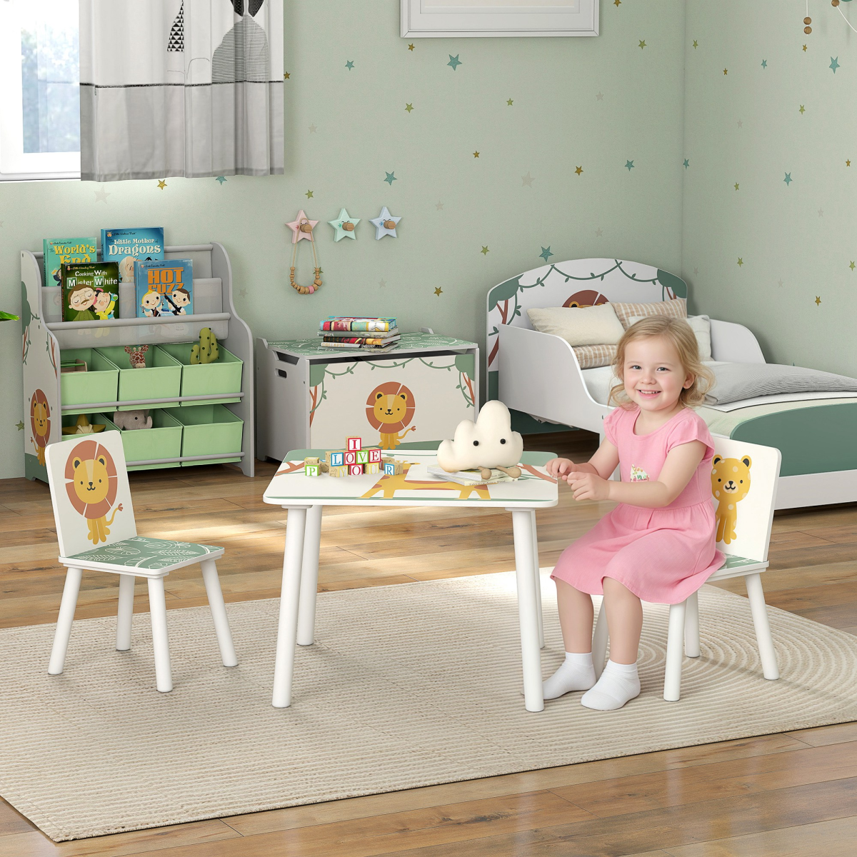 Pink kids table with matching chairs set by AIYAPLAY, designed for bedroom or nursery play and activities.