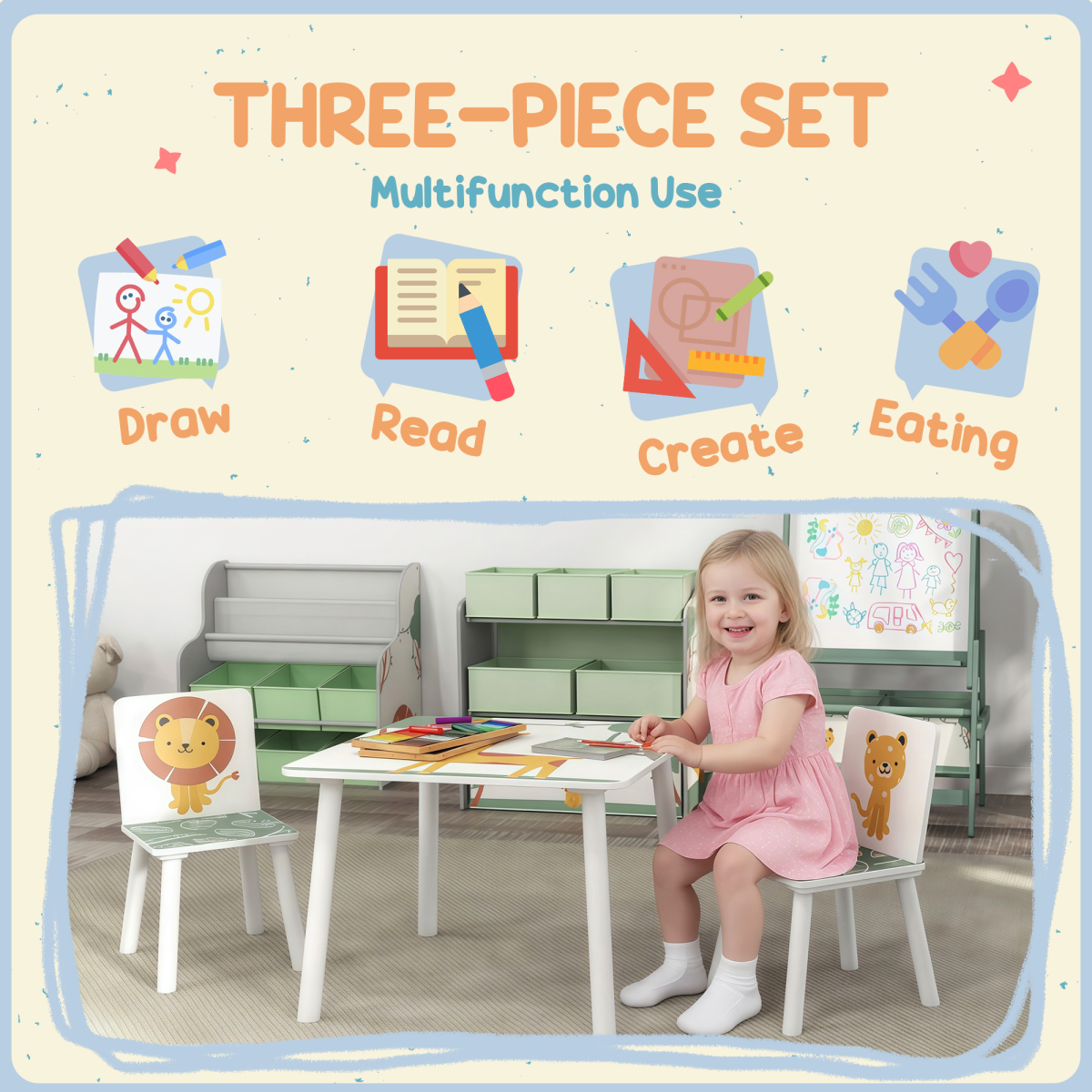 Pink kids table with matching chairs set by AIYAPLAY, perfect for bedroom or nursery play and activities.