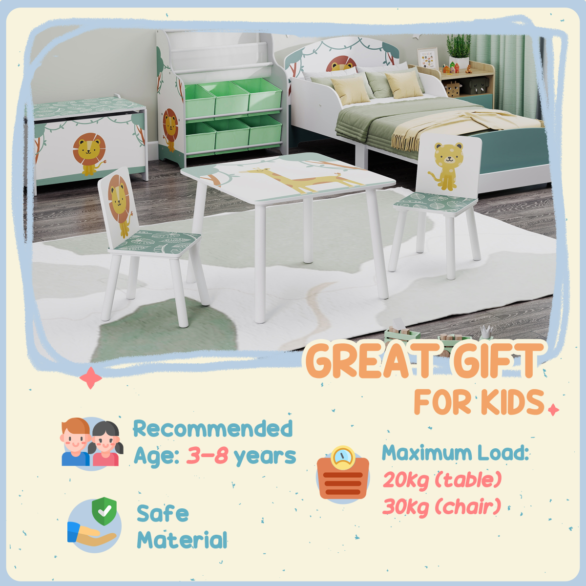 Pink kids table with matching chairs set by AIYAPLAY, perfect for bedroom or nursery play and activities.