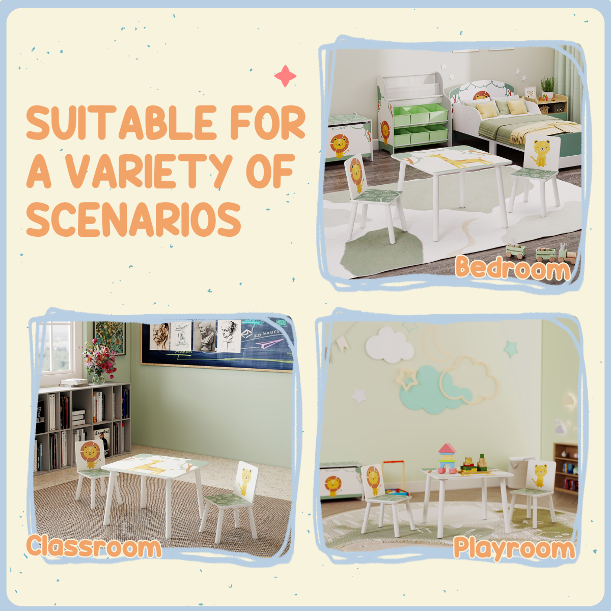 Pink kids table with matching chairs set by AIYAPLAY, ideal for bedroom or nursery use, featuring a sturdy wooden design.