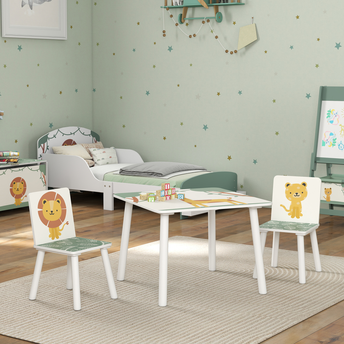 Pink kids table with matching chairs set by AIYAPLAY, perfect for bedrooms and nurseries, ideal for young children.