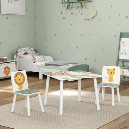 Pink kids table with matching chairs set by AIYAPLAY, perfect for bedrooms and nurseries, ideal for young children.