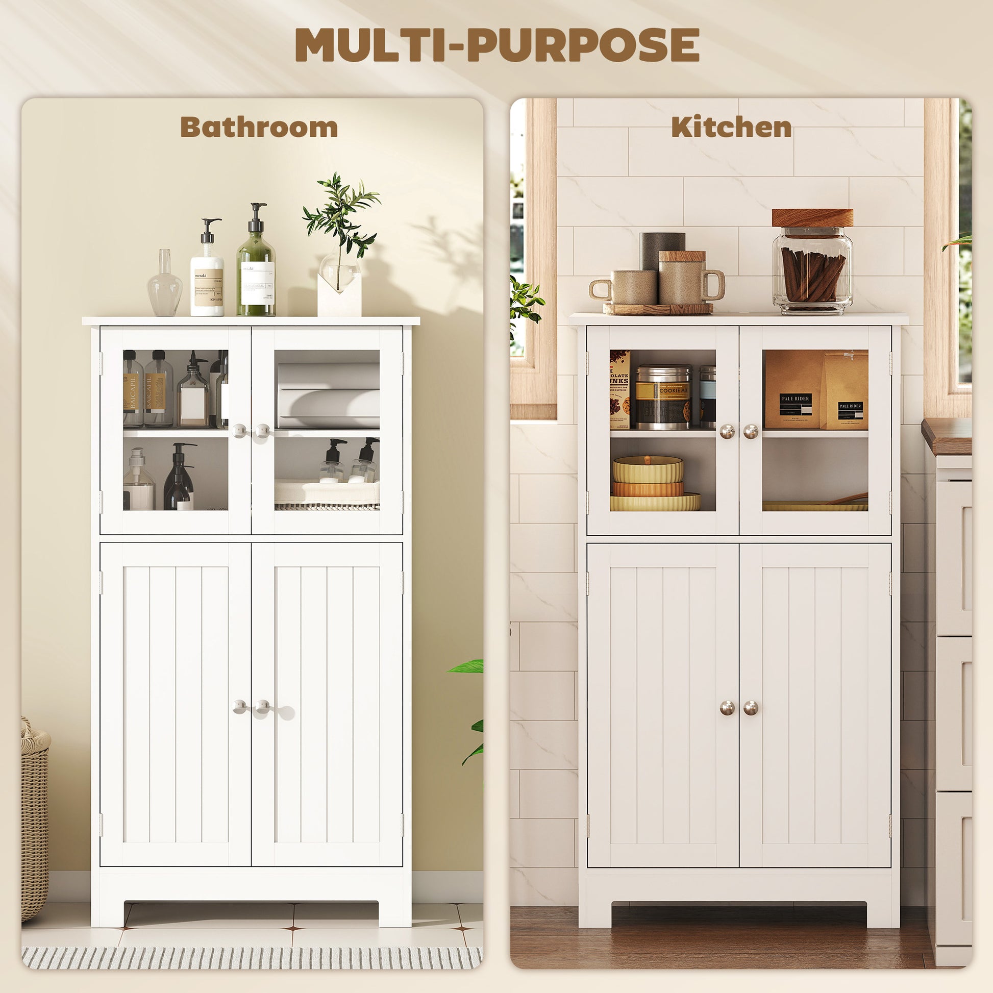 HOMCOM Kleankin bathroom floor cabinet with wooden finish, two drawers, adjustable shelves, and tempered glass door for kitchen or hallway storage