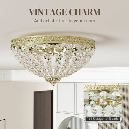 HOMCOM crystal chandelier ceiling light with 168 octagonal beads, vintage gold tone 2-light flush mount for living room or bedroom.