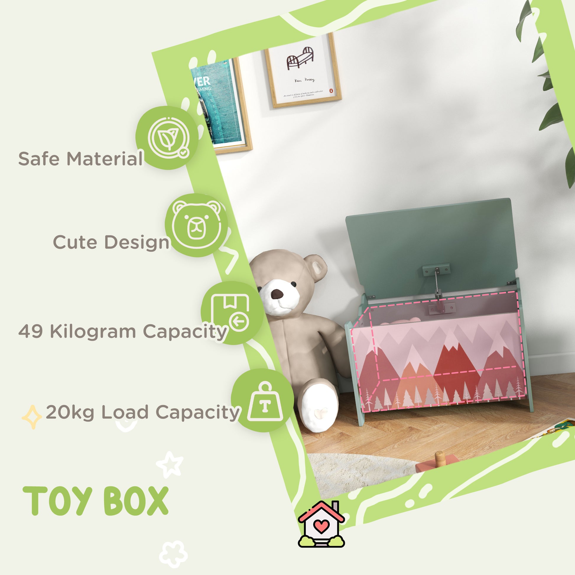 HOMCOM ZONEKIZ kids toy box in green with lid and safety hinge, sturdy storage chest for children's toys and belongings