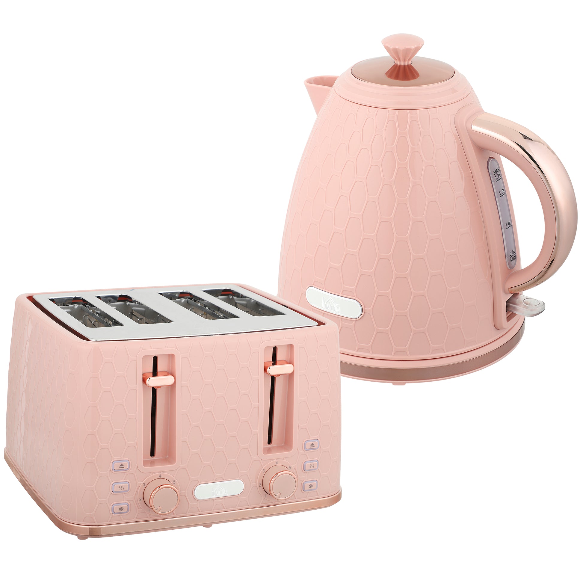 Light pink HOMCOM kettle and 4-slice toaster set, featuring 1.7L jug with fast boiling and 7 browning control levels.