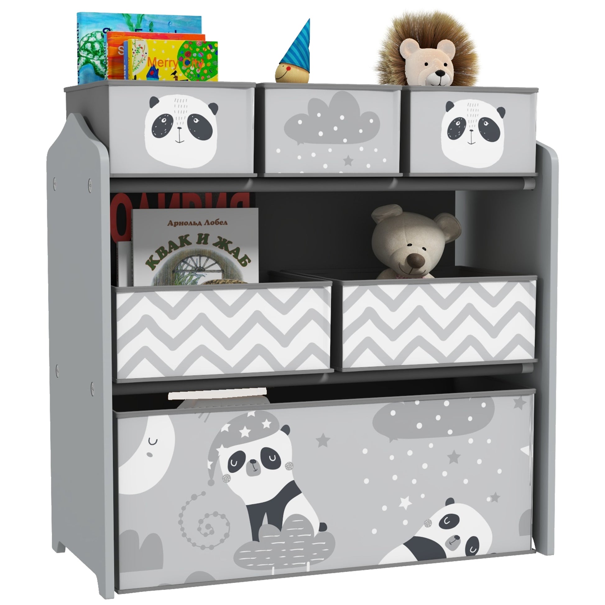 HOMCOM ZONEKIZ kids storage unit with six fabric bins in grey, ideal for organizing toys in bedrooms, playrooms, or nurseries.
