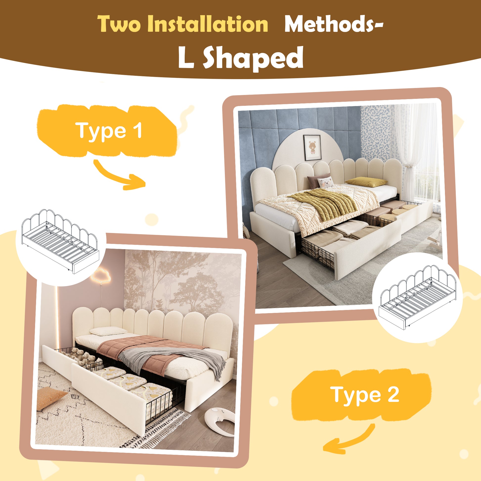 Beige upholstered kids' daybed with drawer storage, velvet sofa bed frame, slatted design, suitable for children and adults.