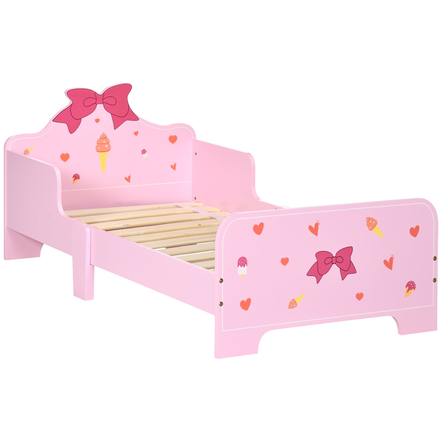 HOMCOM ZONEKIZ princess-themed toddler bed in pink with cute patterns and safety rails, suitable for children aged 3-6 years.