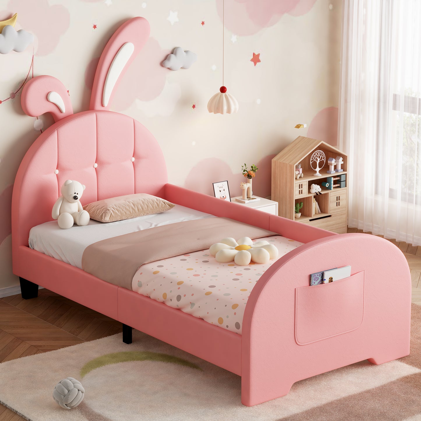 Pink HOMCOM rabbit-shaped upholstered single bed frame with bunny ear headboard, storage pocket, soft PU leather, sturdy metal-wood frame