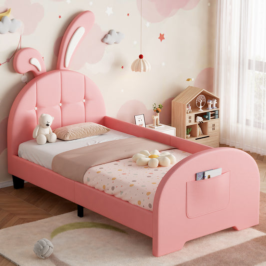 Pink HOMCOM rabbit-shaped upholstered single bed frame with bunny ear headboard, storage pocket, soft PU leather, sturdy metal-wood frame