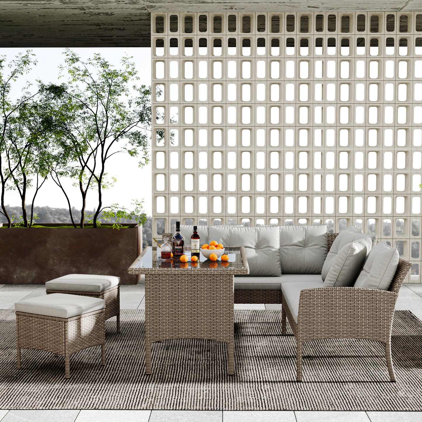 HOMCOM garden corner sofa set with rattan wicker, light grey cushions, table, and stools for outdoor patio lounging.