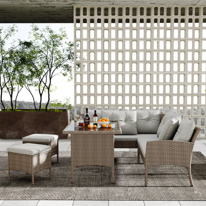 HOMCOM garden corner sofa set with rattan wicker, light grey cushions, table, and stools for outdoor patio lounging.