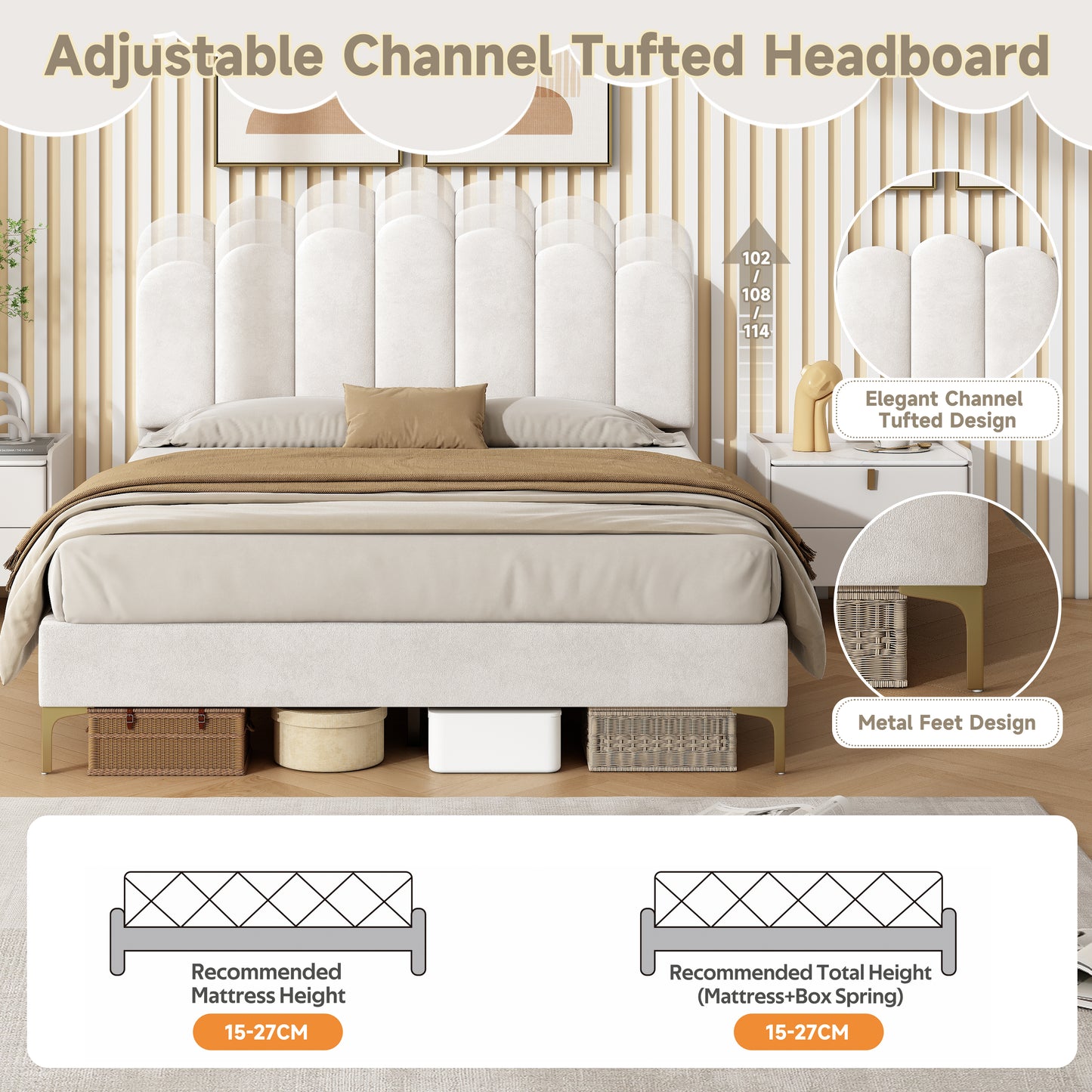 Beige 4ft6 double velvet upholstered bed frame with scalloped tufted headboard, gold metal feet, and under-bed storage by HOMCOM.