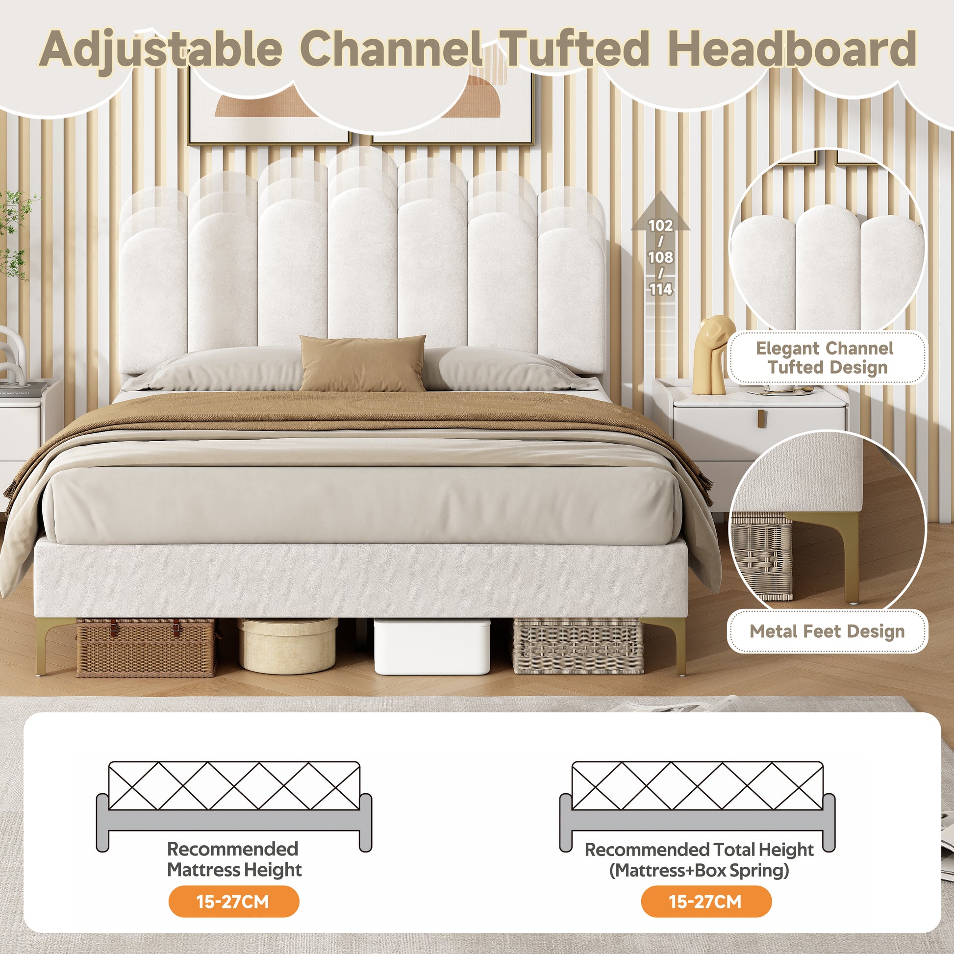 Beige 4ft6 double velvet upholstered bed frame with scalloped tufted headboard, gold metal feet, and under-bed storage by HOMCOM.