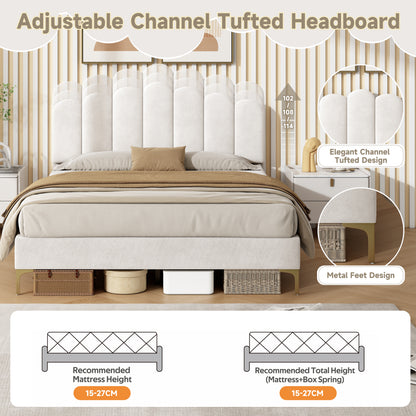Beige 4ft6 double velvet upholstered bed frame with scalloped tufted headboard, gold metal feet, and under-bed storage by HOMCOM.