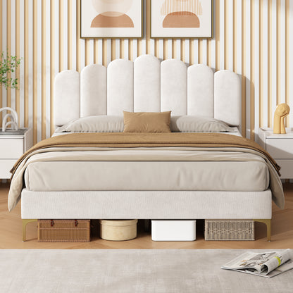 Beige 4ft6 double velvet upholstered bed frame with scalloped channel tufted headboard, gold metal feet, and under-bed storage.