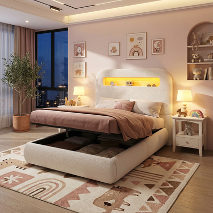 HOMCOM white upholstered single child's bed with headboard, LED lighting, hydraulic storage, solid wood legs, and boucle fabric.