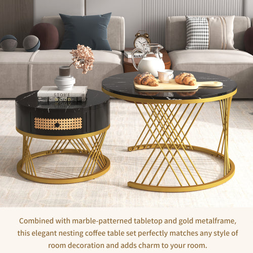 HOMCOM 2-in-1 round coffee table with marble effect surface and rattan drawer, modern living room furniture.