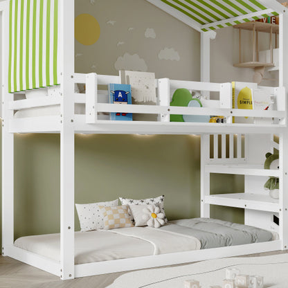 Kids Bunk Bed with Corner Staircase and Canopy – White & Green