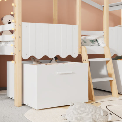 Kids Wooden Storage Bed with Roof Design & Guardrail – White & Natural