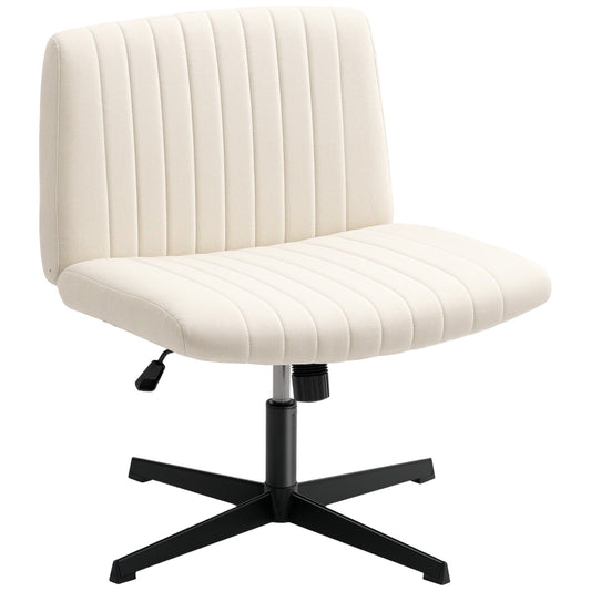 Cream HOMCOM armless office chair with wide cushioned seat, linen fabric, criss-cross legs, tilt, height adjustment, and swivel feature.