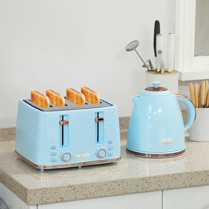 Light blue HOMCOM kettle and 4-slice toaster set with 7 browning levels, 1.7L capacity, and 3000W fast boil functionality.