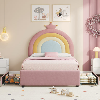 HOMCOM 3ft single upholstered velvet bed with adjustable rainbow crown headboard, storage drawers, no box spring or mattress included.