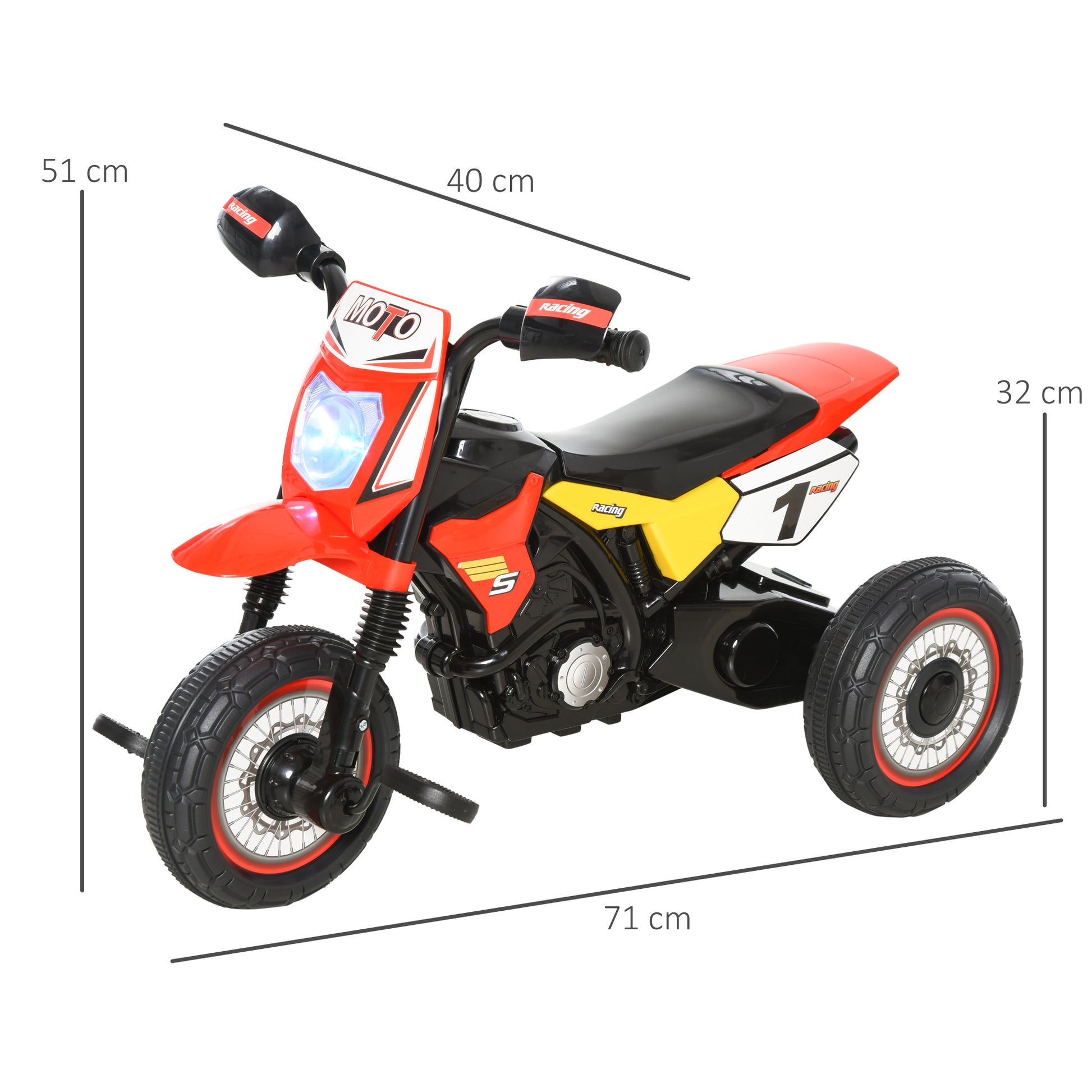 Red HOMCOM kids trike with a toddler pedal motorcycle design, featuring lights, music, handlebar stickers, suitable for ages 18-36 months.
