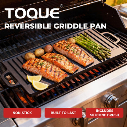 Livoshop reversible cast iron griddle plate with non-stick surface, 49.5cm grill skillet pan for BBQ cooking and grilling.