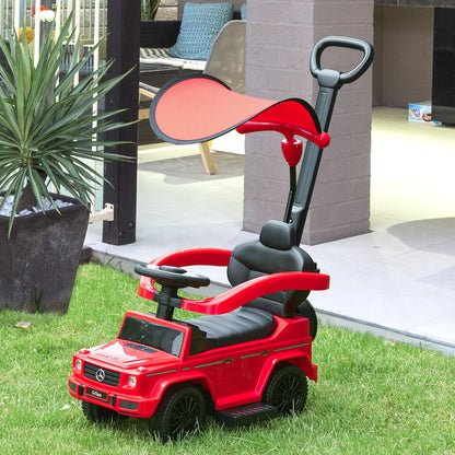 Red HOMCOM 3-in-1 kids ride-on push car with steering wheel and horn, toddler sliding foot-to-floor walker, manual and no power.