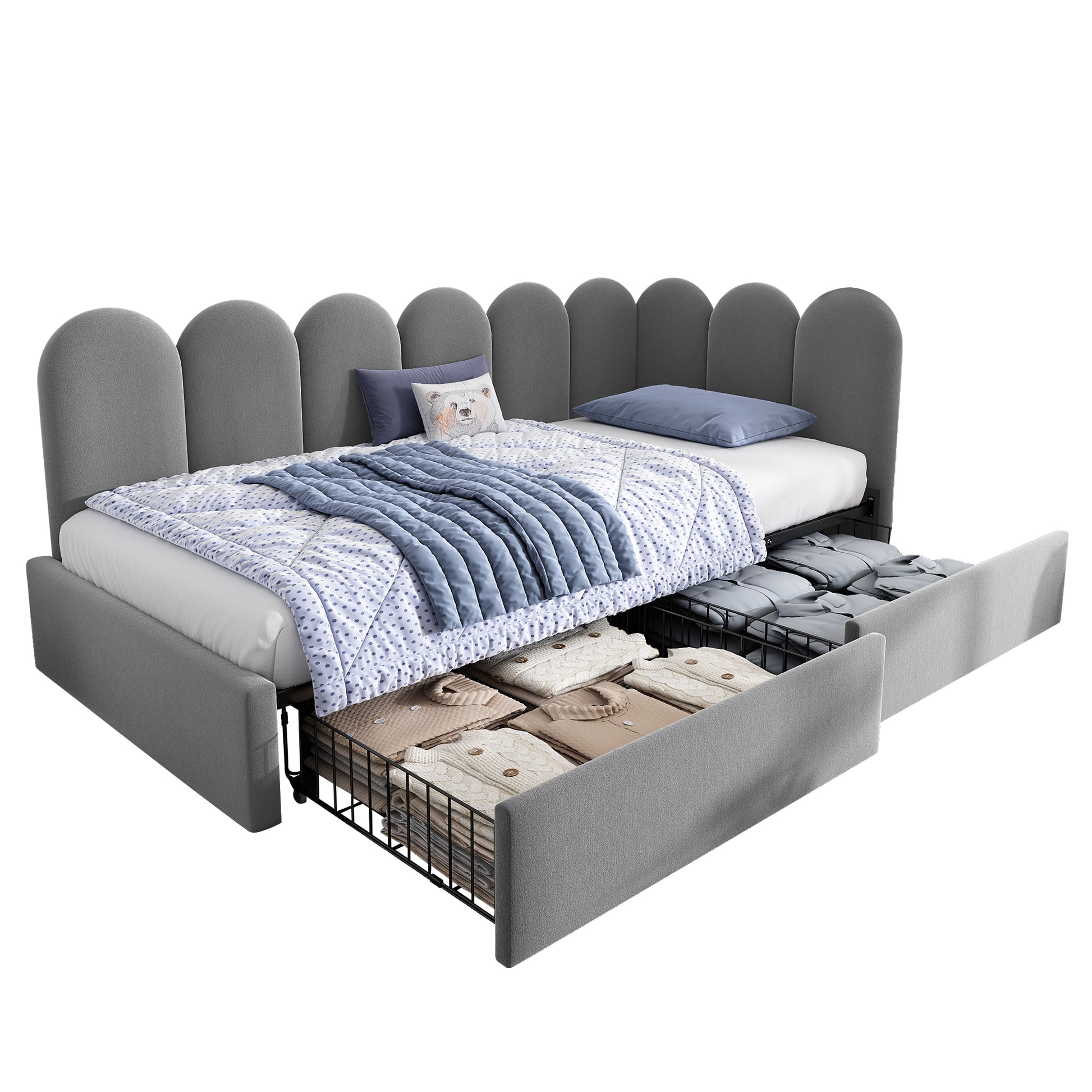 Grey upholstered kids’ daybed sofa bed with drawer storage, velvet fabric, slatted frame, suitable for children and adults.