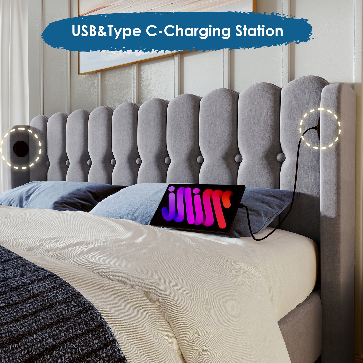 Grey upholstered double bed frame with wooden slats, USB and Type-C ports, linen fabric, measuring 135x190 cm, ideal for bedroom or guest room.