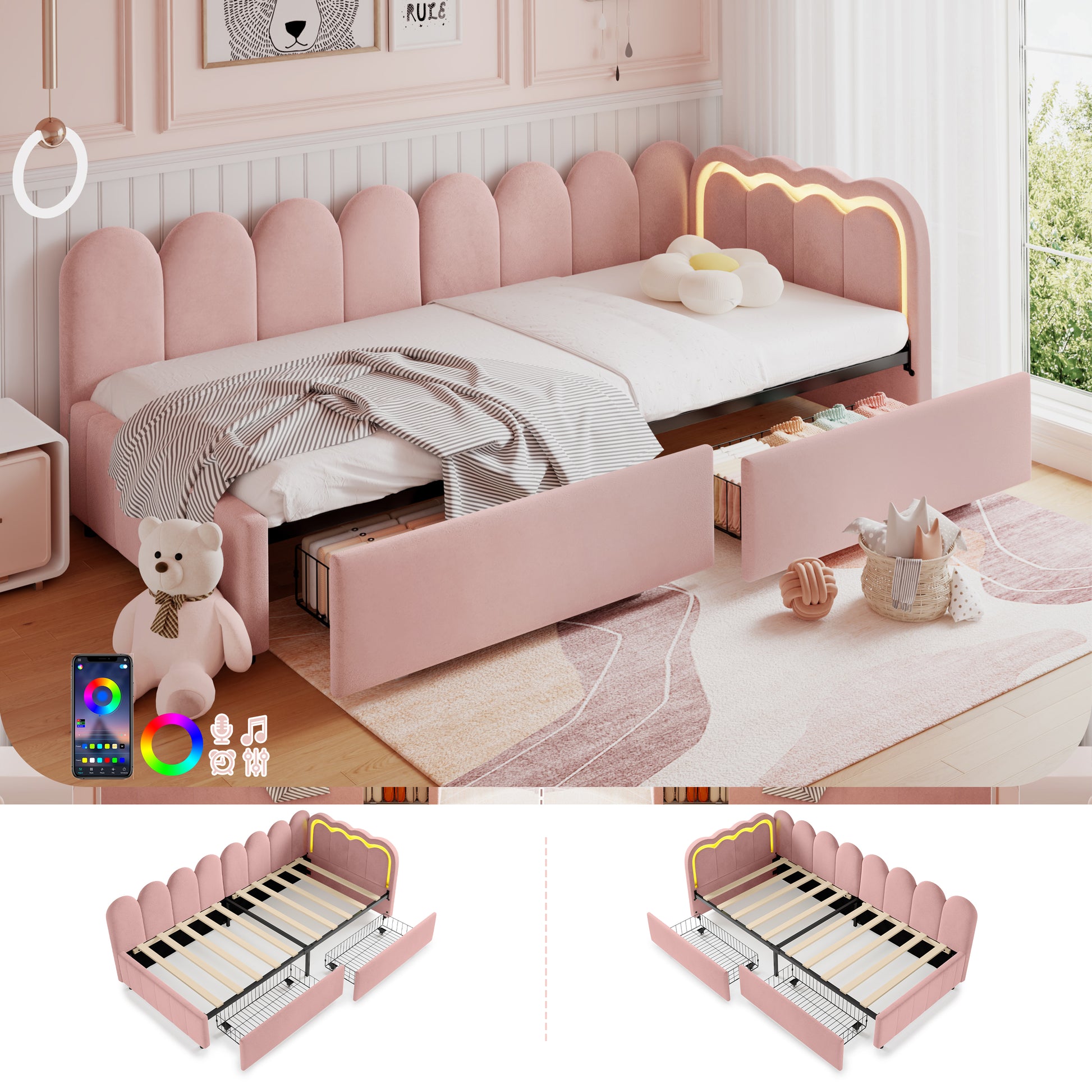 Pink modern velvet single daybed with scalloped backrest, RGB LED lights, two storage drawers, wooden slats, reversible side panel, no mattress